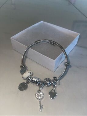 Pandora-Style Silver Charm Bangle Bracelet with Heart & Key Charms